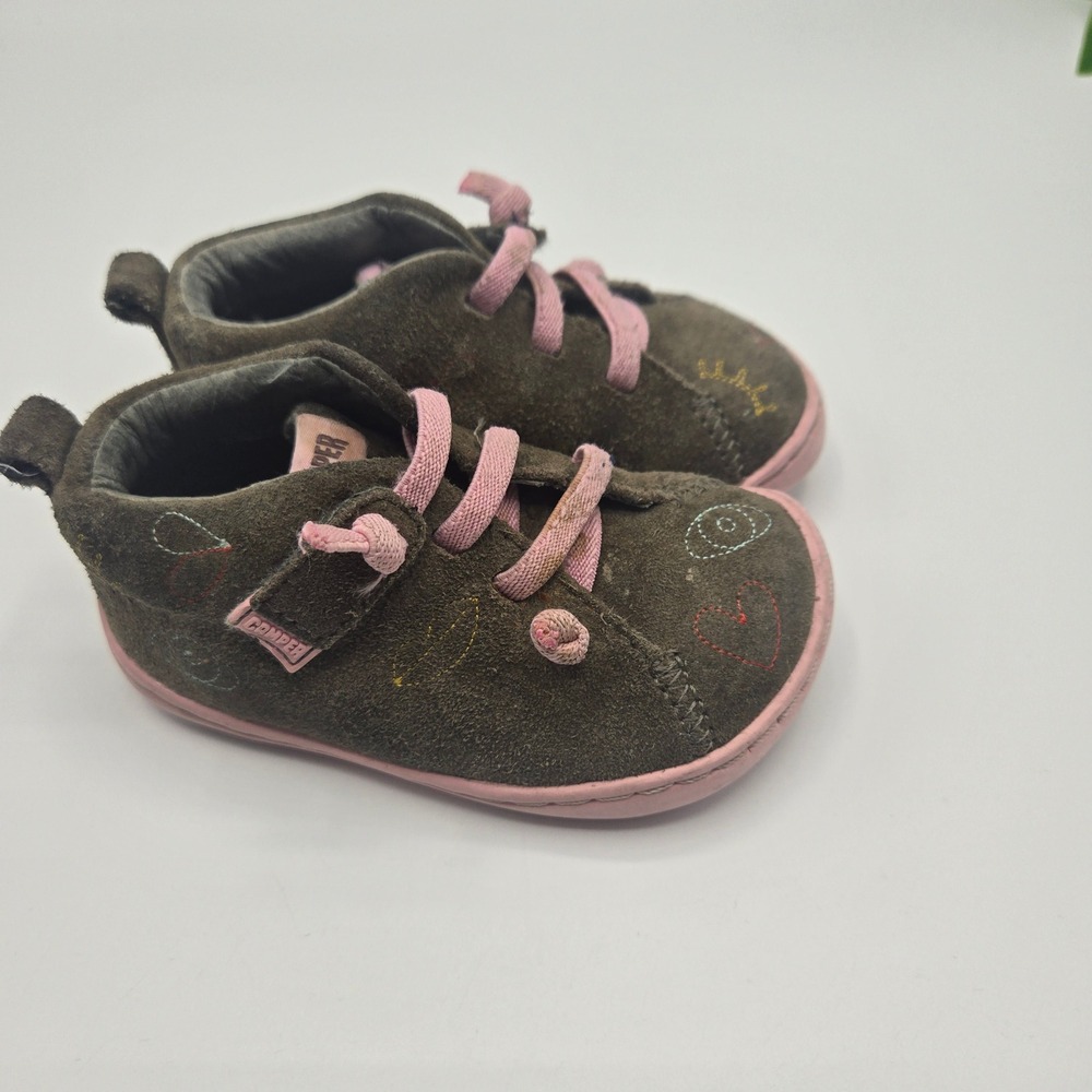 Camper Peu Olive Green Pink Suede Embroidered First Toddler Shoes Size 21